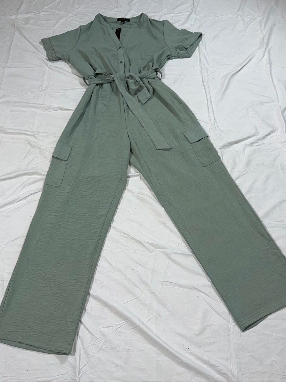 Fashion Avenue Sage Green Belted Cargo Wide Leg Jumpsuit NWT Large